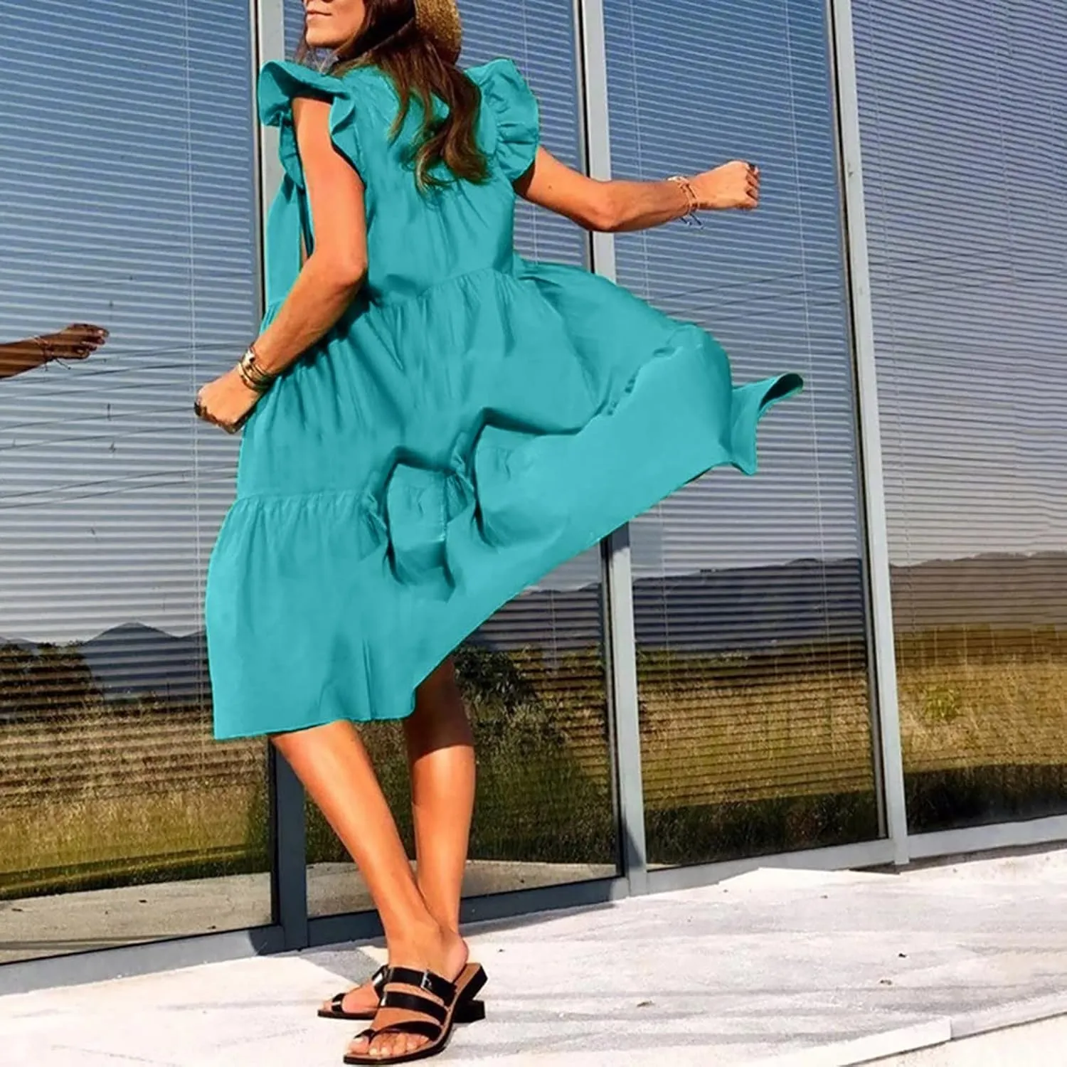 Summer Dresses for Women 2025,Women 's Plus Size Flowy Mini Dress Crew Neck Ruffle Short Sleeve Tiered Flowy Dresses
