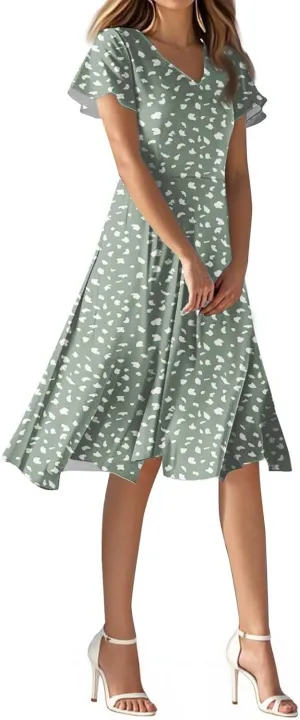 Summer Dresses for Women 205 Trendy Vacation V Neck Short Sleeve Knee Length Midi Boho Floral Flowy Sundresses