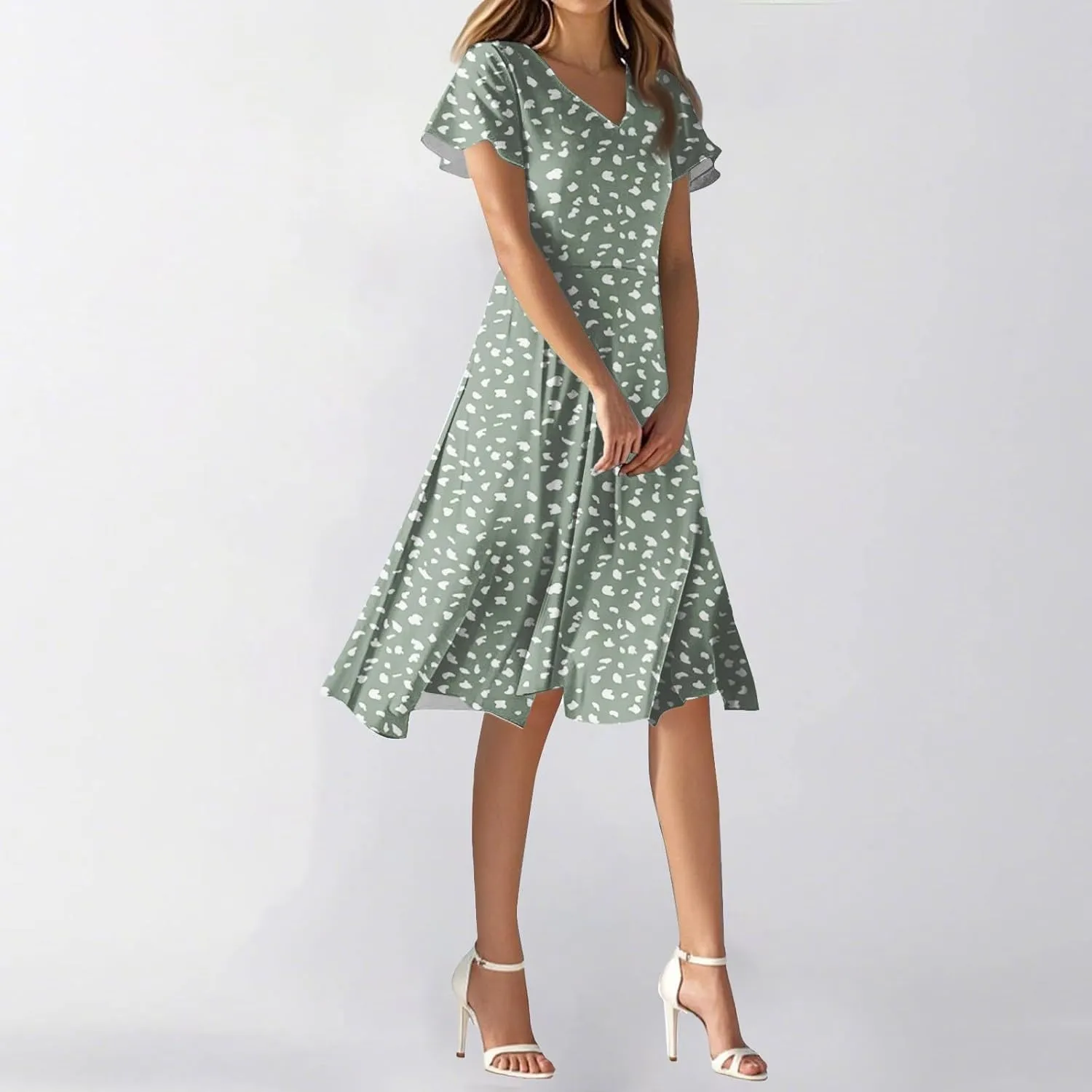 Summer Dresses for Women 205 Trendy Vacation V Neck Short Sleeve Knee Length Midi Boho Floral Flowy Sundresses