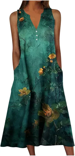 Summer Dresses for Women Beach Long Sundress Button V Neck Casual Swing Tank Dress Flowy Boho Dress with Pockets