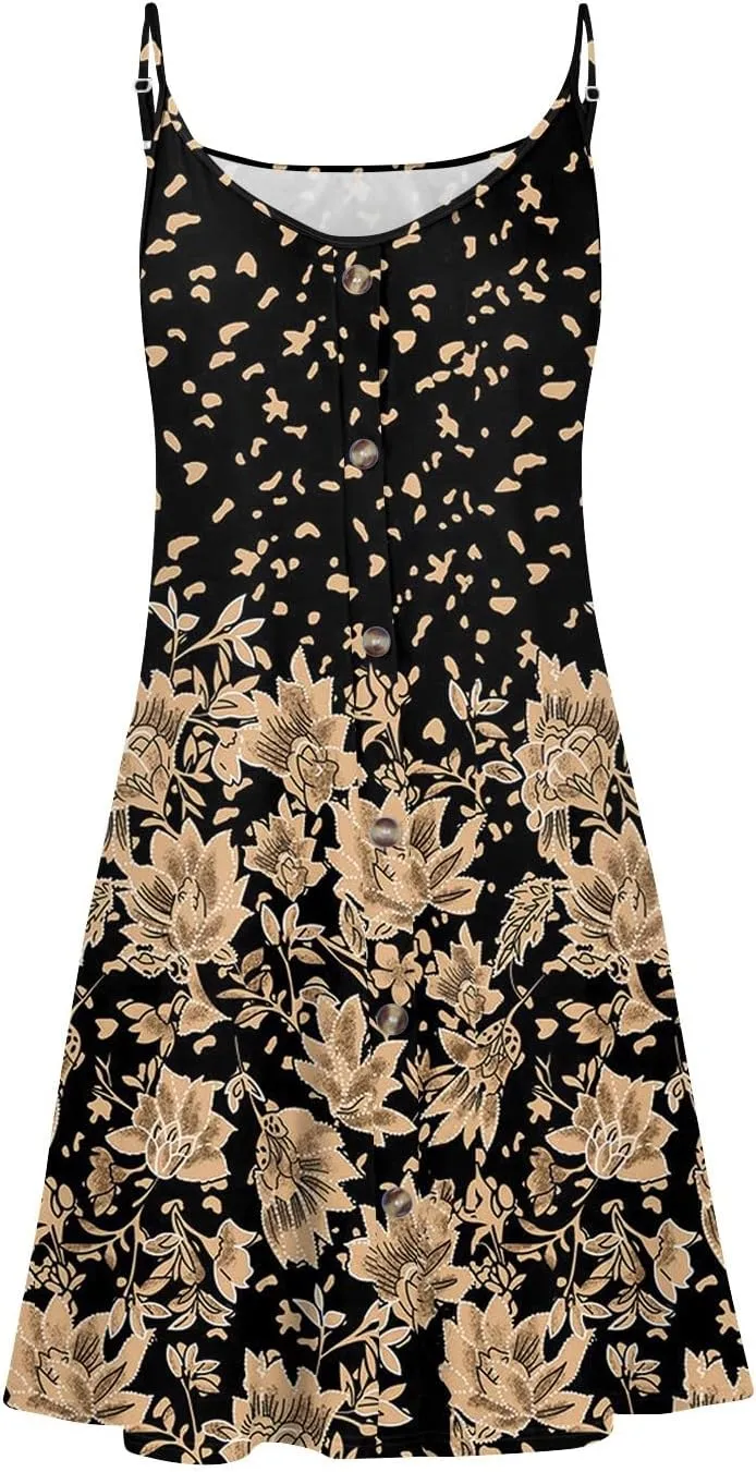 Summer Dresses for Women Casual Floral Mini Dress Beach Spaghetti Strap Sundresses Button Flowy Sleeveless a Line Dress