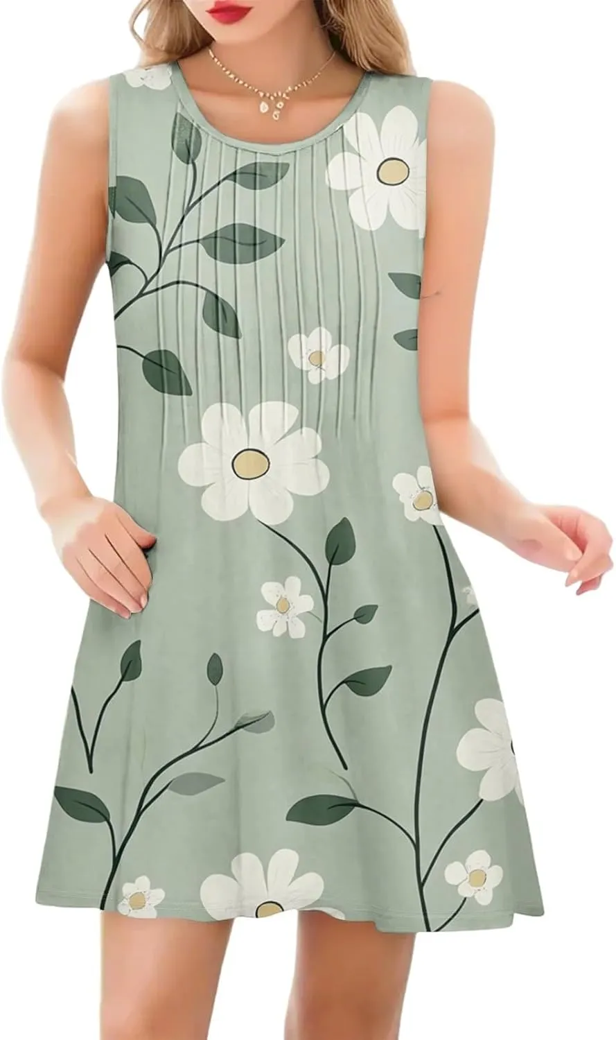 Summer Dresses for Women Casual Round Neck Aline Sleeveless Mini Dress Floral Print Tropical Tank Dress