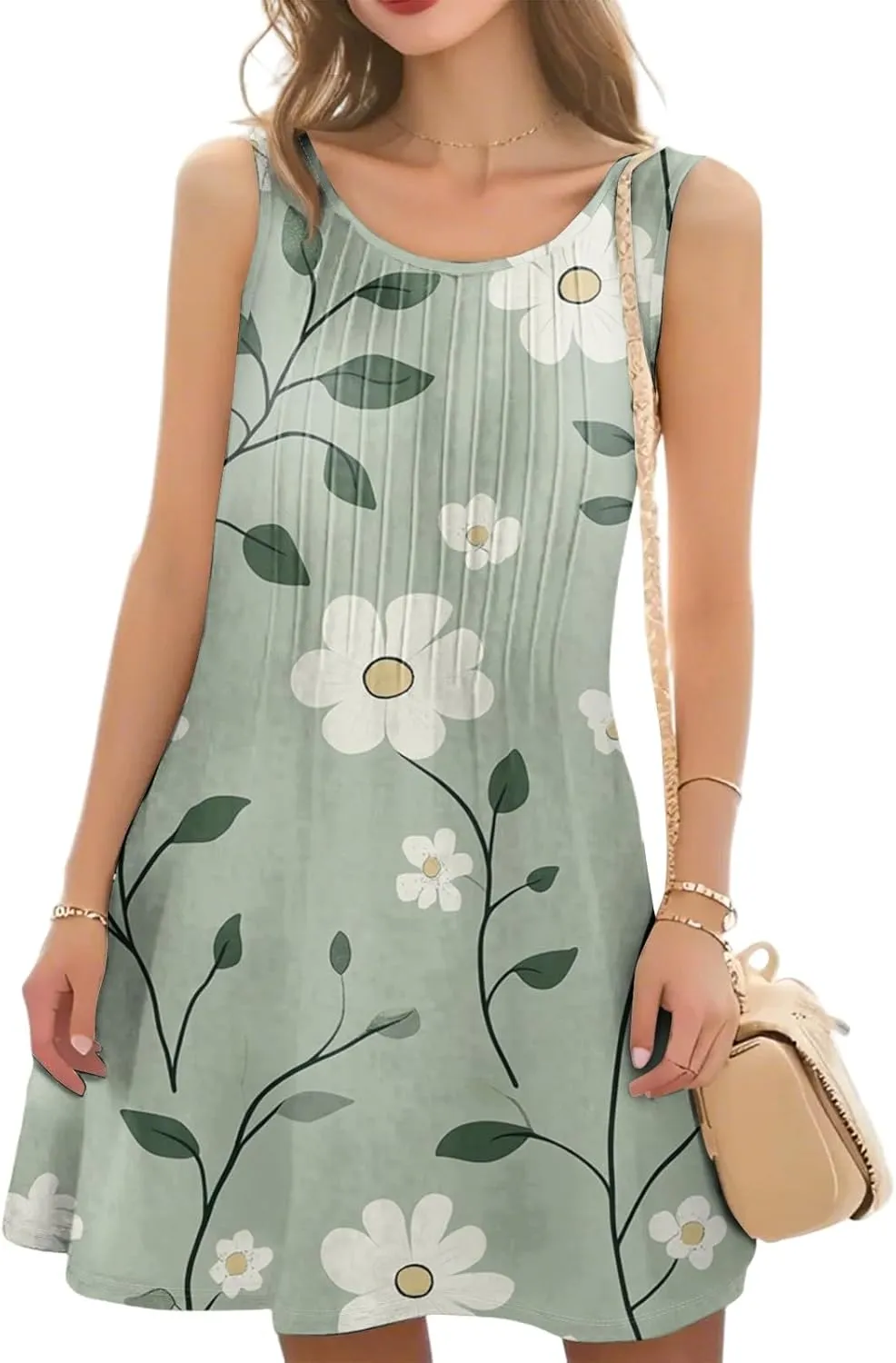 Summer Dresses for Women Casual Round Neck Aline Sleeveless Mini Dress Floral Print Tropical Tank Dress