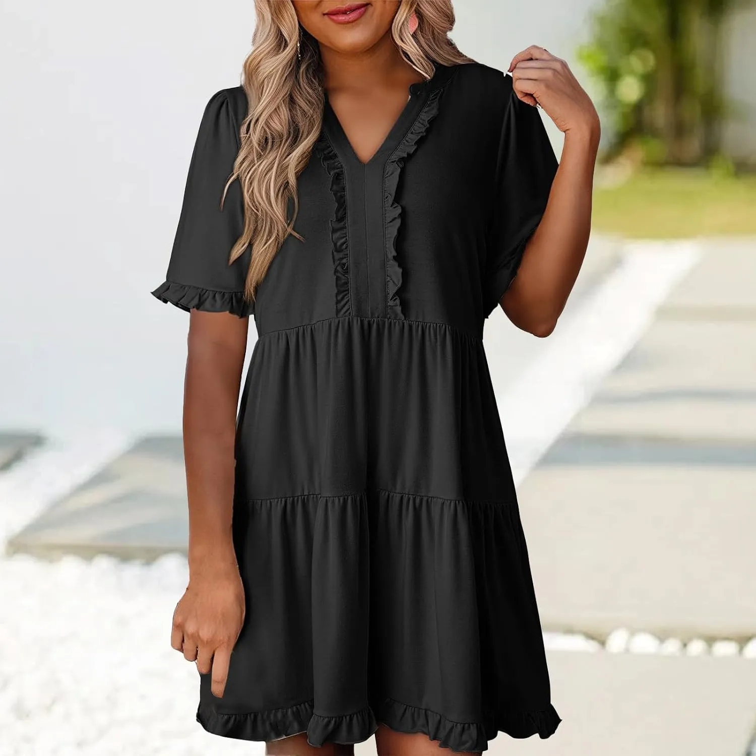 Summer Dresses for Women Casual Short Sleeve V Neck Babydoll Dress Ruffle Tiered Midi Dresses Flowy Beach Dress