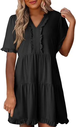 Summer Dresses for Women Casual Short Sleeve V Neck Babydoll Dress Ruffle Tiered Midi Dresses Flowy Beach Dress