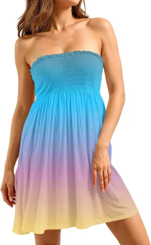 Summer Dresses for Women Strapless Beach Dress Cover Up Boho Floral Print Tube Top Sundress