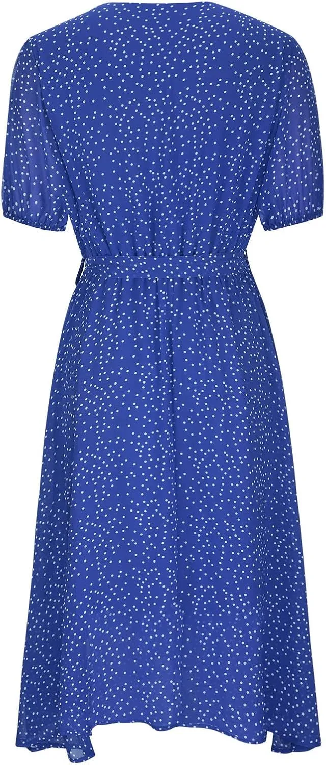 Summer Dresses for Women V-Neck Bandage Print Boho Maxi Dresses Casual Short Sleeve Flowy Swing Hawaiian Dresses