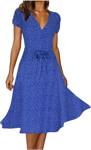 Summer Dresses for Women V-Neck Bandage Print Boho Maxi Dresses Casual Short Sleeve Flowy Swing Hawaiian Dresses