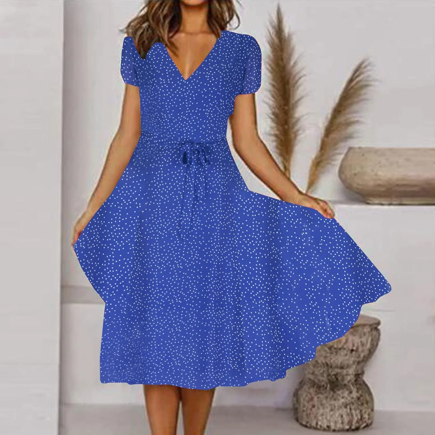 Summer Dresses for Women V-Neck Bandage Print Boho Maxi Dresses Casual Short Sleeve Flowy Swing Hawaiian Dresses