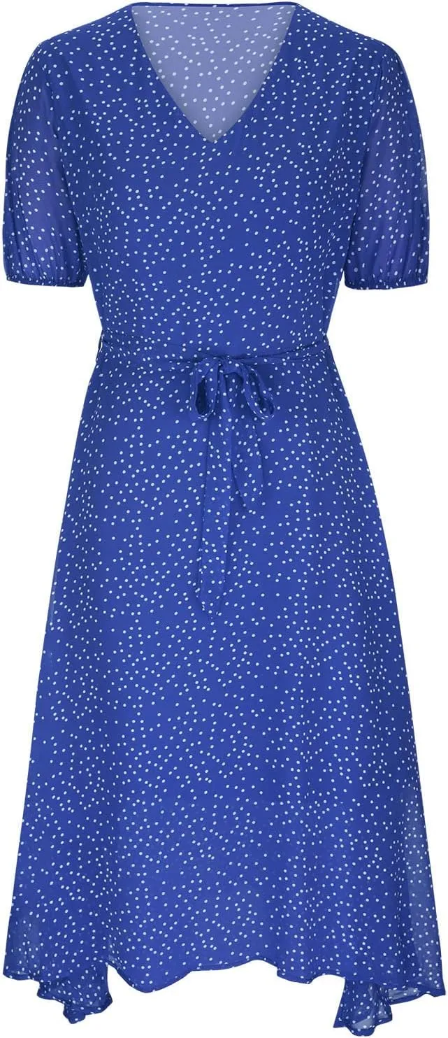 Summer Dresses for Women V-Neck Bandage Print Boho Maxi Dresses Casual Short Sleeve Flowy Swing Hawaiian Dresses