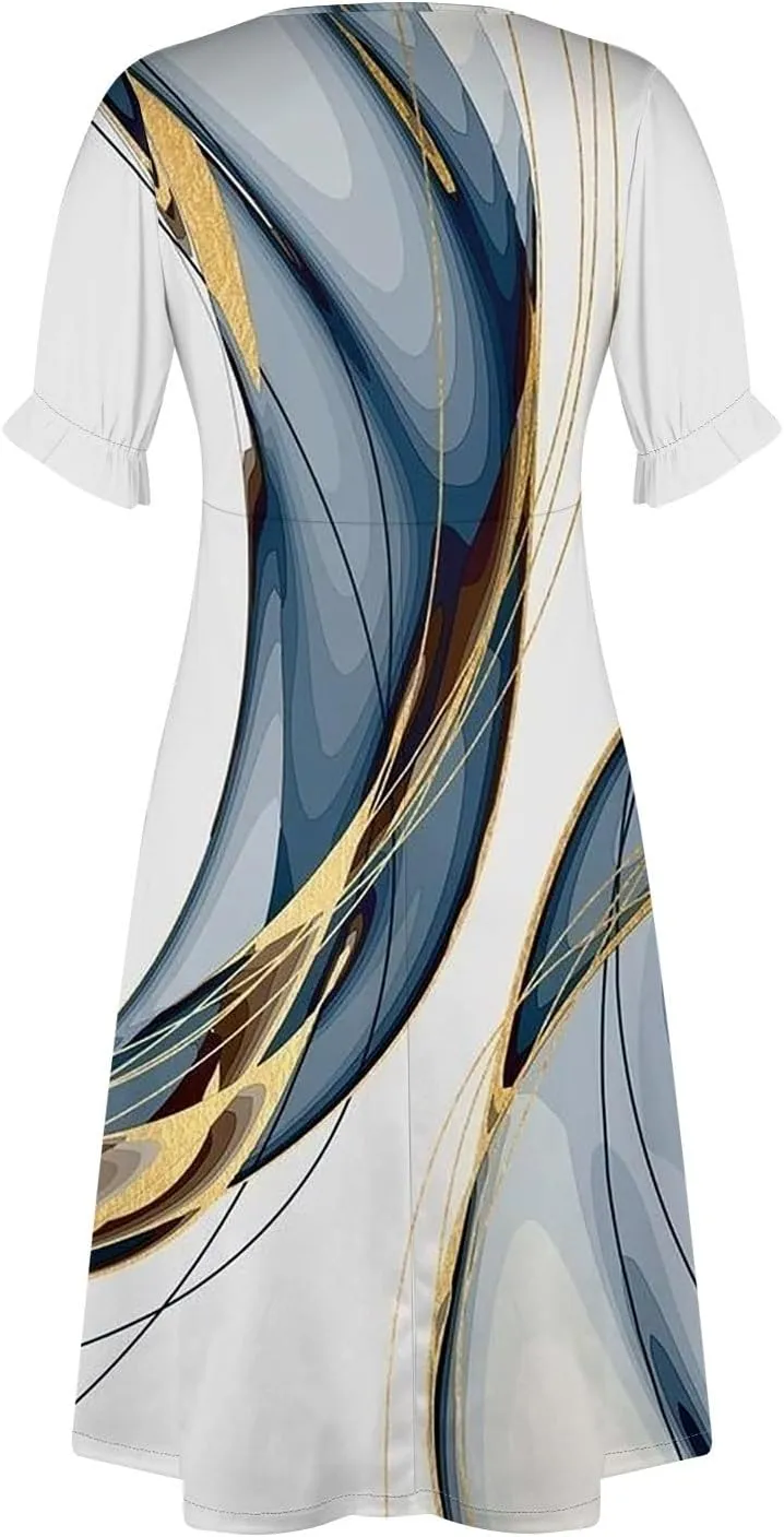 Summer Dresses for Women V Neck Wrap Midi Dress Casual Puff Sleeve Side Button Up Floral Beach Vacation Dresses