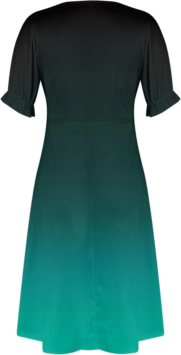 Summer Dresses for Women V Neck Wrap Midi Dress Casual Puff Sleeve Side Button Up Floral Beach Vacation Dresses