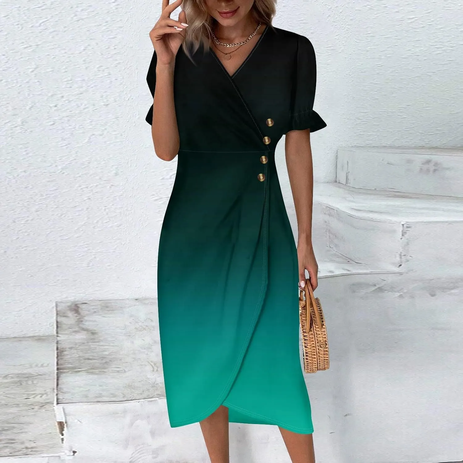 Summer Dresses for Women V Neck Wrap Midi Dress Casual Puff Sleeve Side Button Up Floral Beach Vacation Dresses