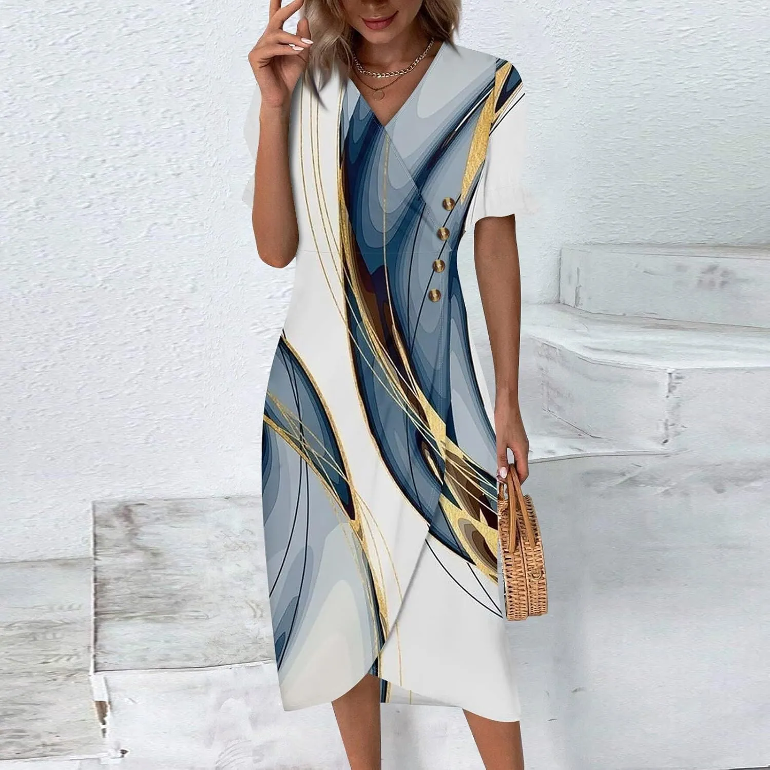 Summer Dresses for Women V Neck Wrap Midi Dress Casual Puff Sleeve Side Button Up Floral Beach Vacation Dresses