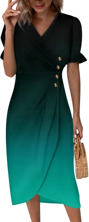 Summer Dresses for Women V Neck Wrap Midi Dress Casual Puff Sleeve Side Button Up Floral Beach Vacation Dresses