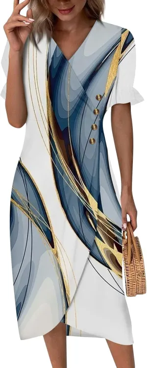 Summer Dresses for Women V Neck Wrap Midi Dress Casual Puff Sleeve Side Button Up Floral Beach Vacation Dresses