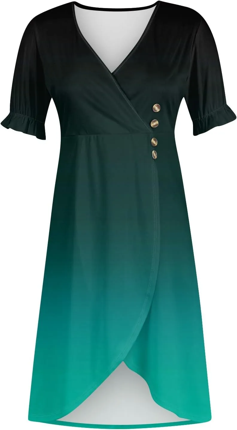 Summer Dresses for Women V Neck Wrap Midi Dress Casual Puff Sleeve Side Button Up Floral Beach Vacation Dresses
