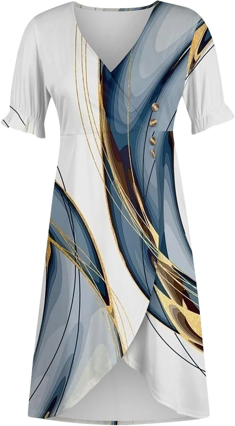 Summer Dresses for Women V Neck Wrap Midi Dress Casual Puff Sleeve Side Button Up Floral Beach Vacation Dresses