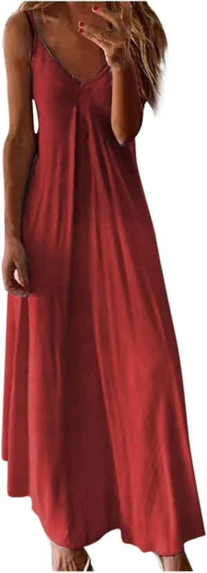 Summer Dresses for Womens 2024 Dressy Casual Sleeveless Sexy V Neck Long Maxi Dress Beach Floor Length Sundress