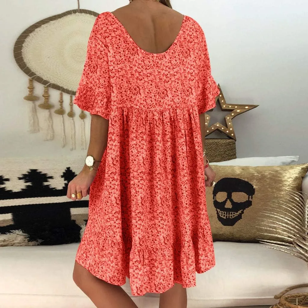 Summer Dresses with Pockets for Women Women's Ladies Sexy Loose Print Hlaf Sleeve Ruffles Mini Dress Summer Dress
