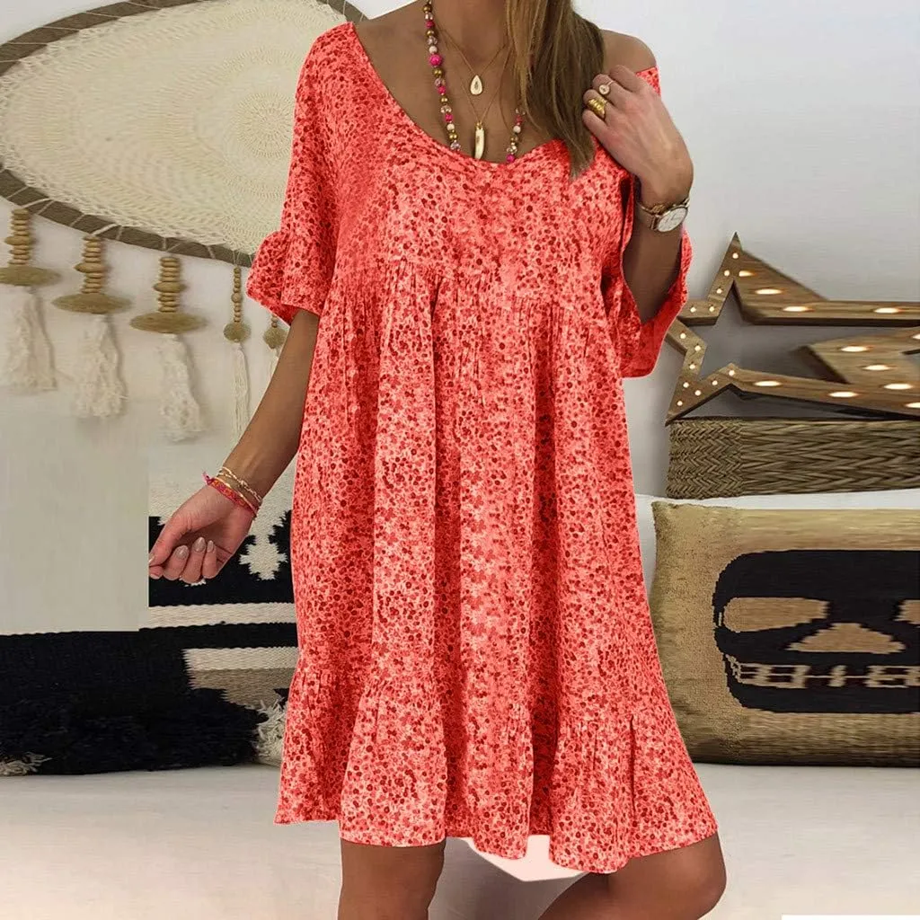 Summer Dresses with Pockets for Women Women's Ladies Sexy Loose Print Hlaf Sleeve Ruffles Mini Dress Summer Dress