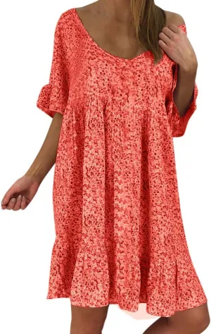 Summer Dresses with Pockets for Women Women's Ladies Sexy Loose Print Hlaf Sleeve Ruffles Mini Dress Summer Dress