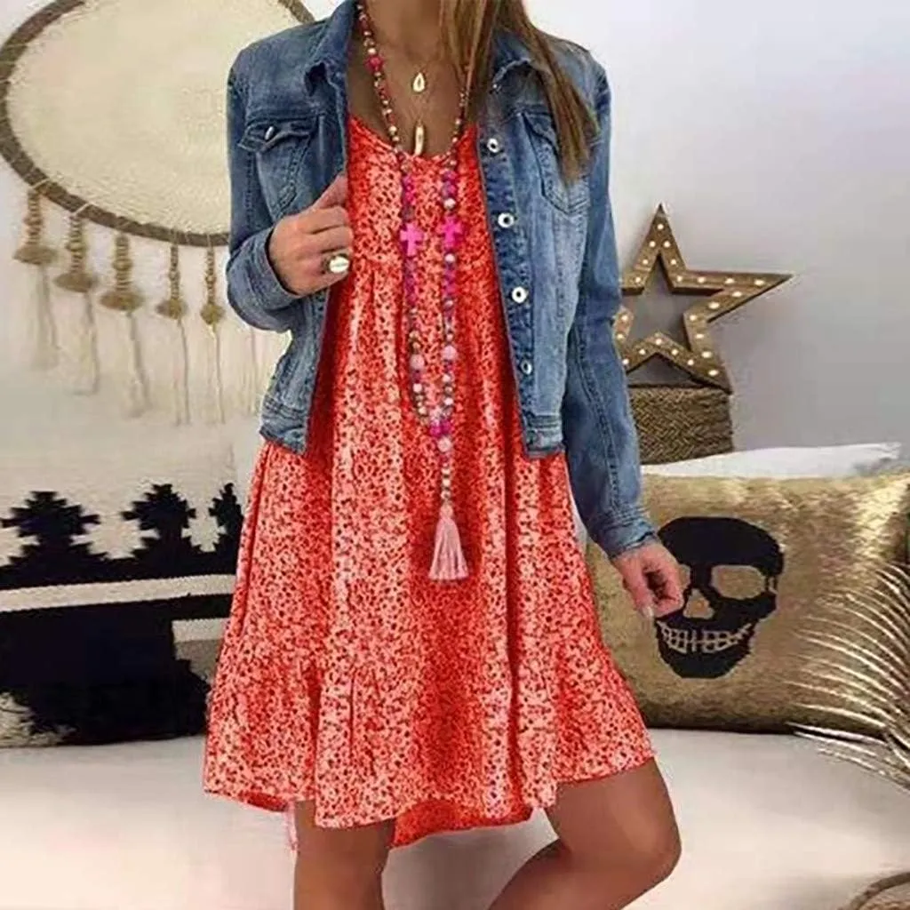 Summer Dresses with Pockets for Women Women's Ladies Sexy Loose Print Hlaf Sleeve Ruffles Mini Dress Summer Dress