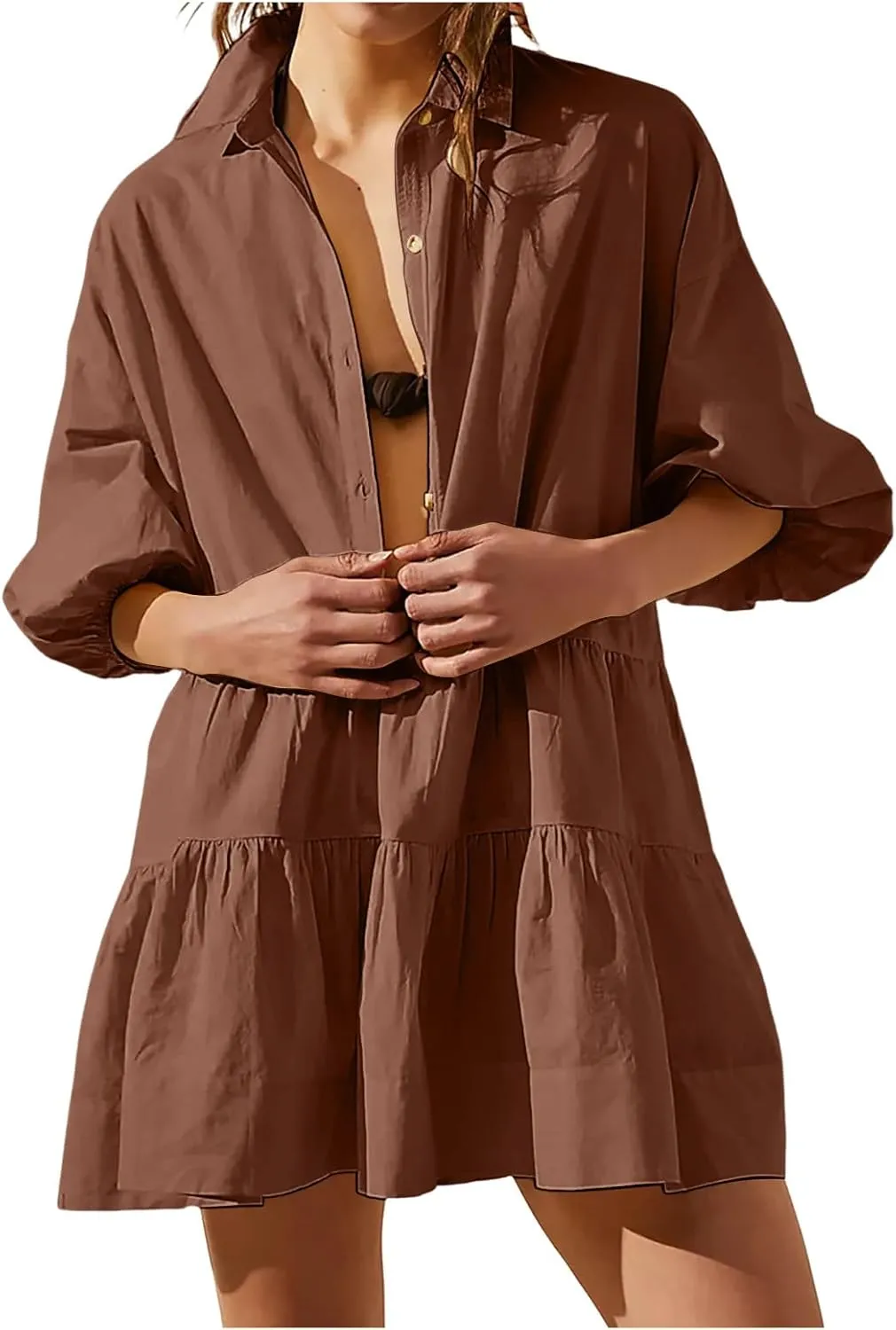 Summer Dresses Women LanternO Sleeve Lapel Collar Button Down Midi Dress Casual Beach Sundresses Plus Size Flowy Dress