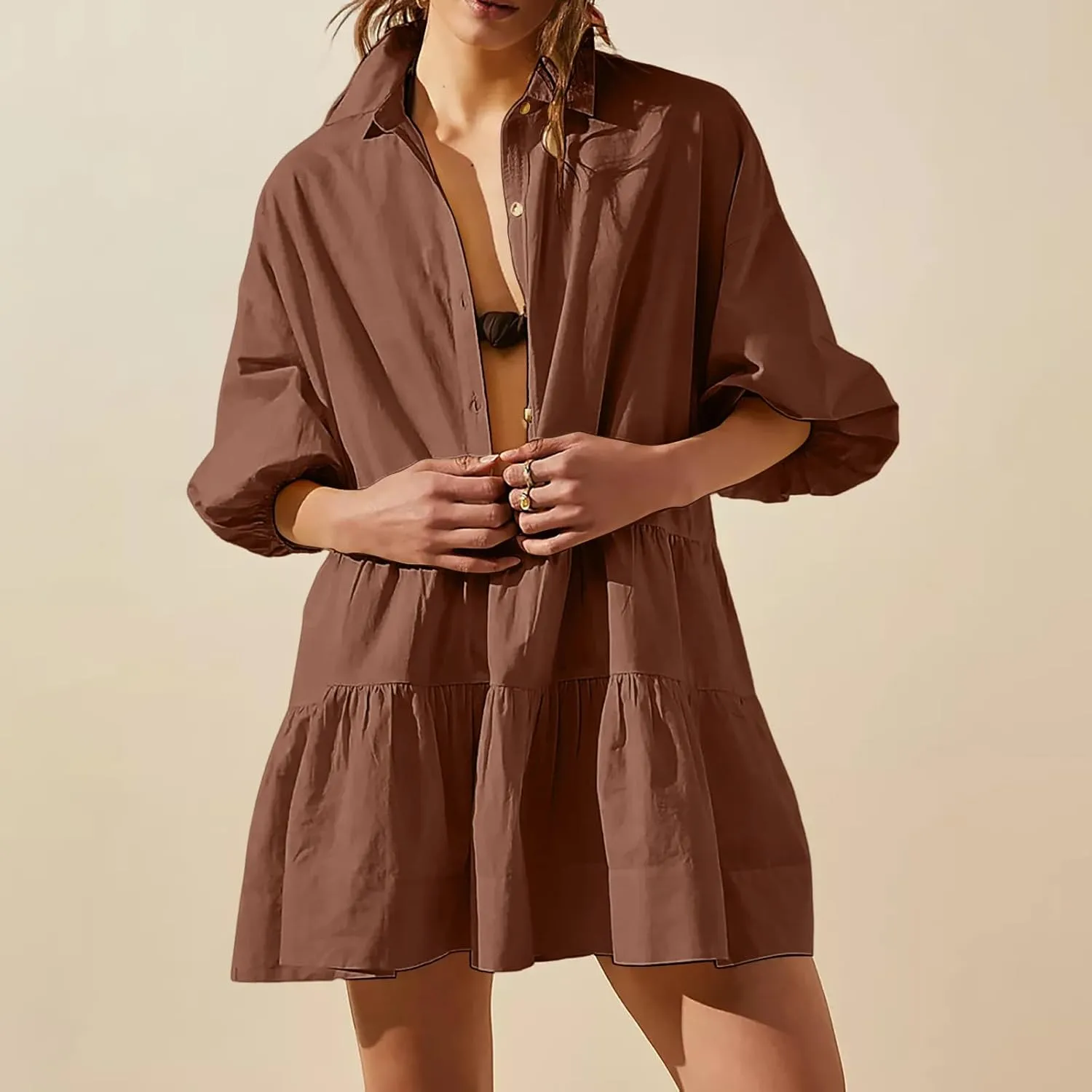 Summer Dresses Women LanternO Sleeve Lapel Collar Button Down Midi Dress Casual Beach Sundresses Plus Size Flowy Dress