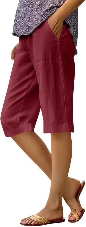 Summer Linen Pants for Women Waist Cotton Trouser Cropped Wide Leg Pants Cropped Linen Pants