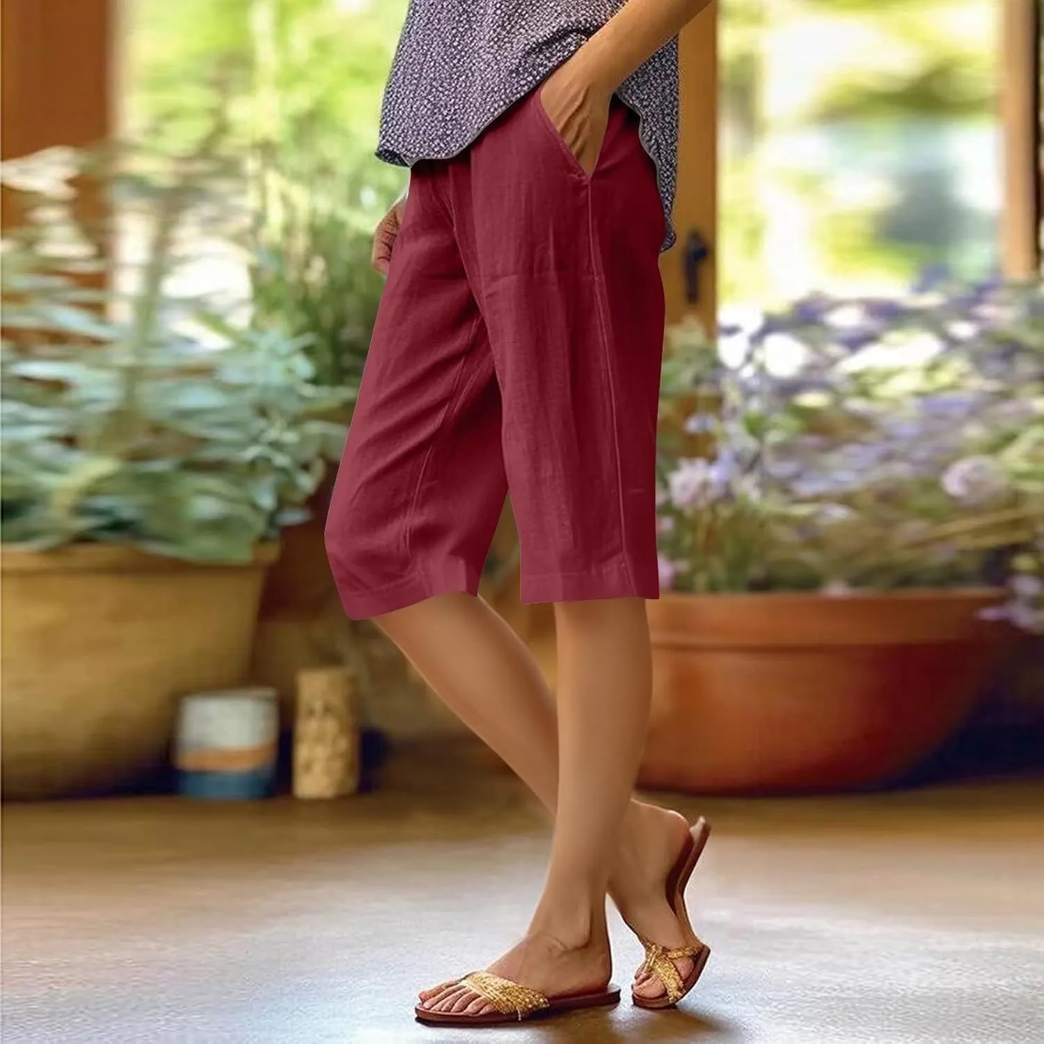 Summer Linen Pants for Women Waist Cotton Trouser Cropped Wide Leg Pants Cropped Linen Pants