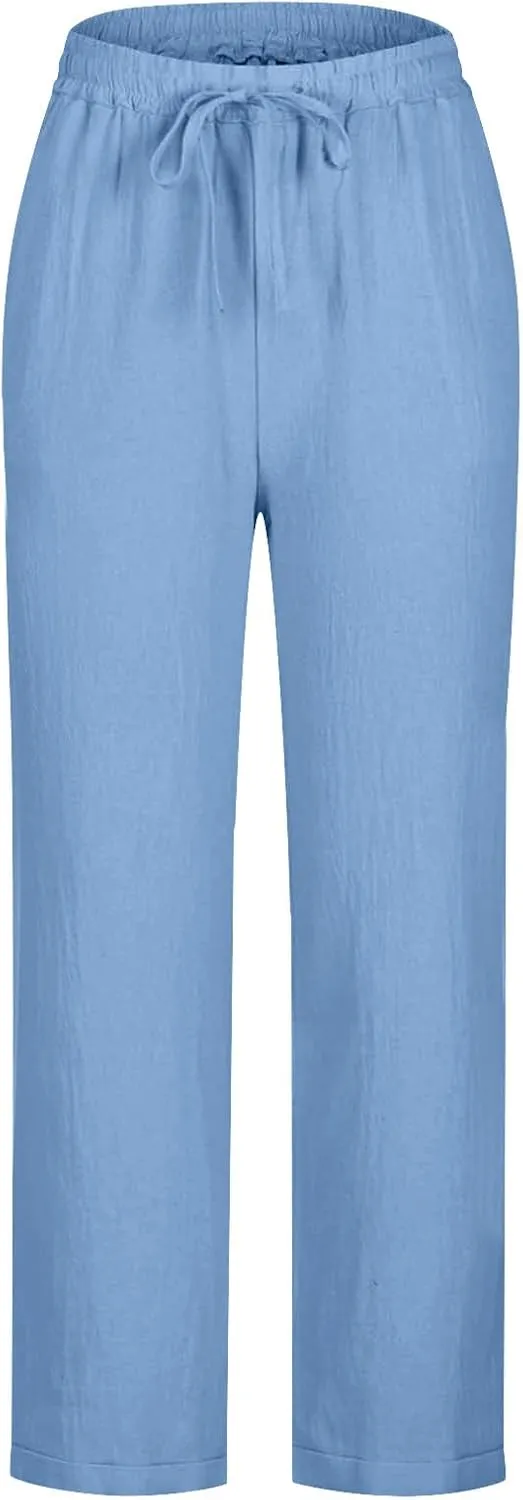 Summer Linen Pants for Women Wide Leg High Waisted Pant Drawstring Lounge Pants Beach Trouser with Pockets