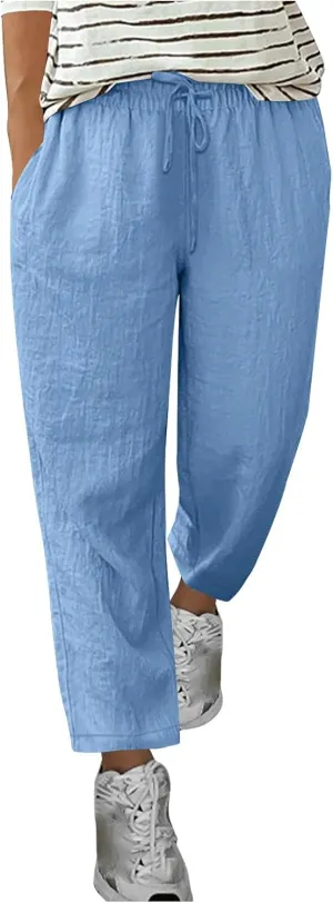 Summer Linen Pants for Women Wide Leg High Waisted Pant Drawstring Lounge Pants Beach Trouser with Pockets