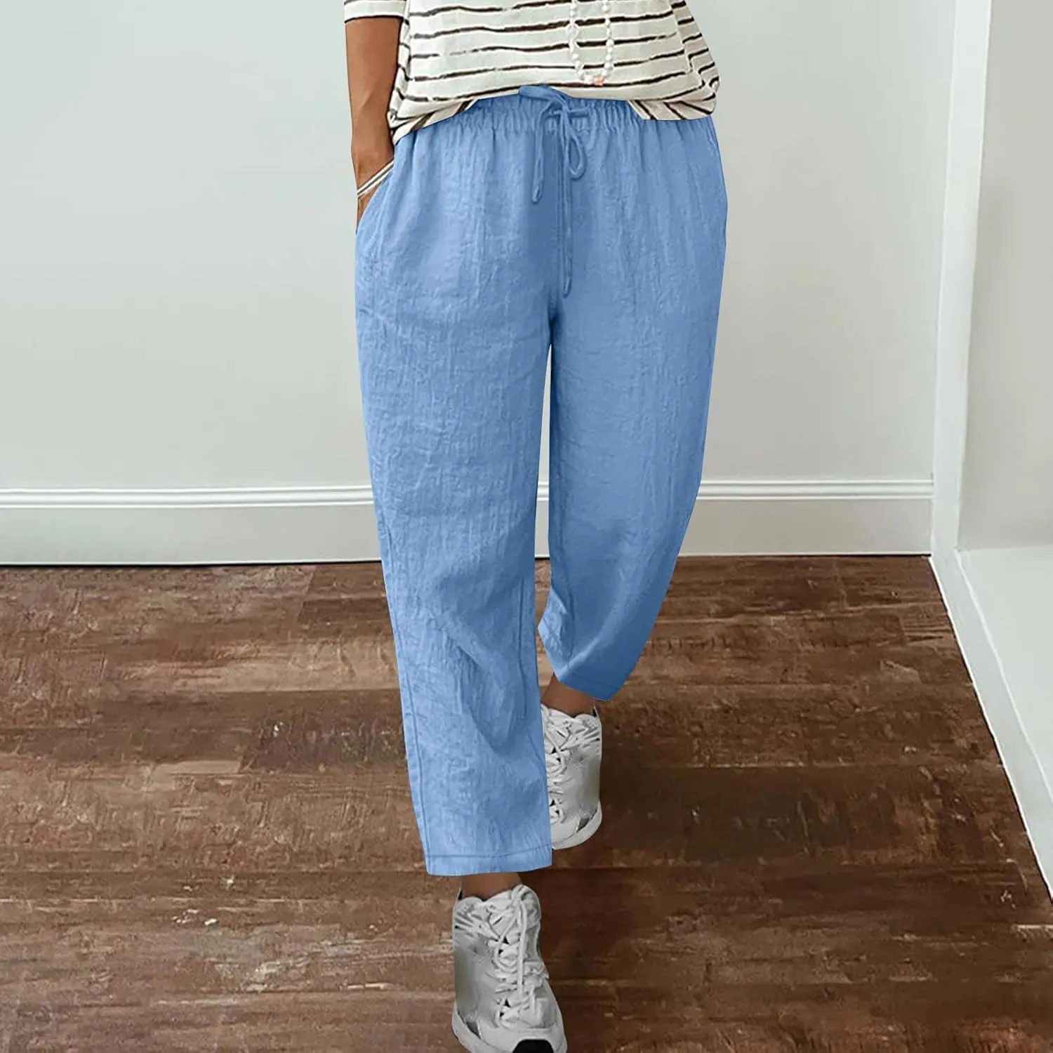 Summer Linen Pants for Women Wide Leg High Waisted Pant Drawstring Lounge Pants Beach Trouser with Pockets