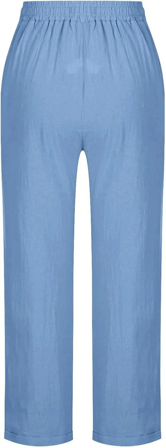 Summer Linen Pants for Women Wide Leg High Waisted Pant Drawstring Lounge Pants Beach Trouser with Pockets