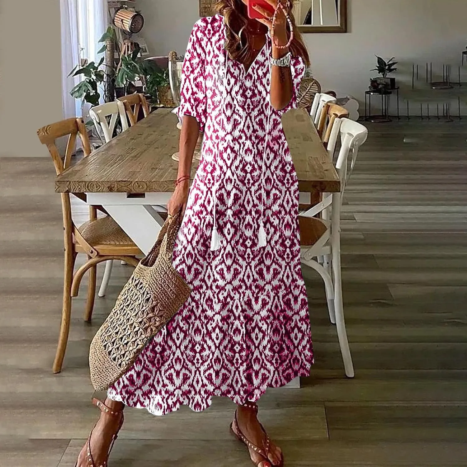 Summer Maxi Dresses for Women 2025 Vacation 3/4 Sleeve Boho Floral Long Dresses V Neck Casual Comfy Loose Dress