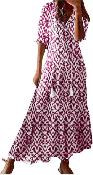 Summer Maxi Dresses for Women 2025 Vacation 3/4 Sleeve Boho Floral Long Dresses V Neck Casual Comfy Loose Dress