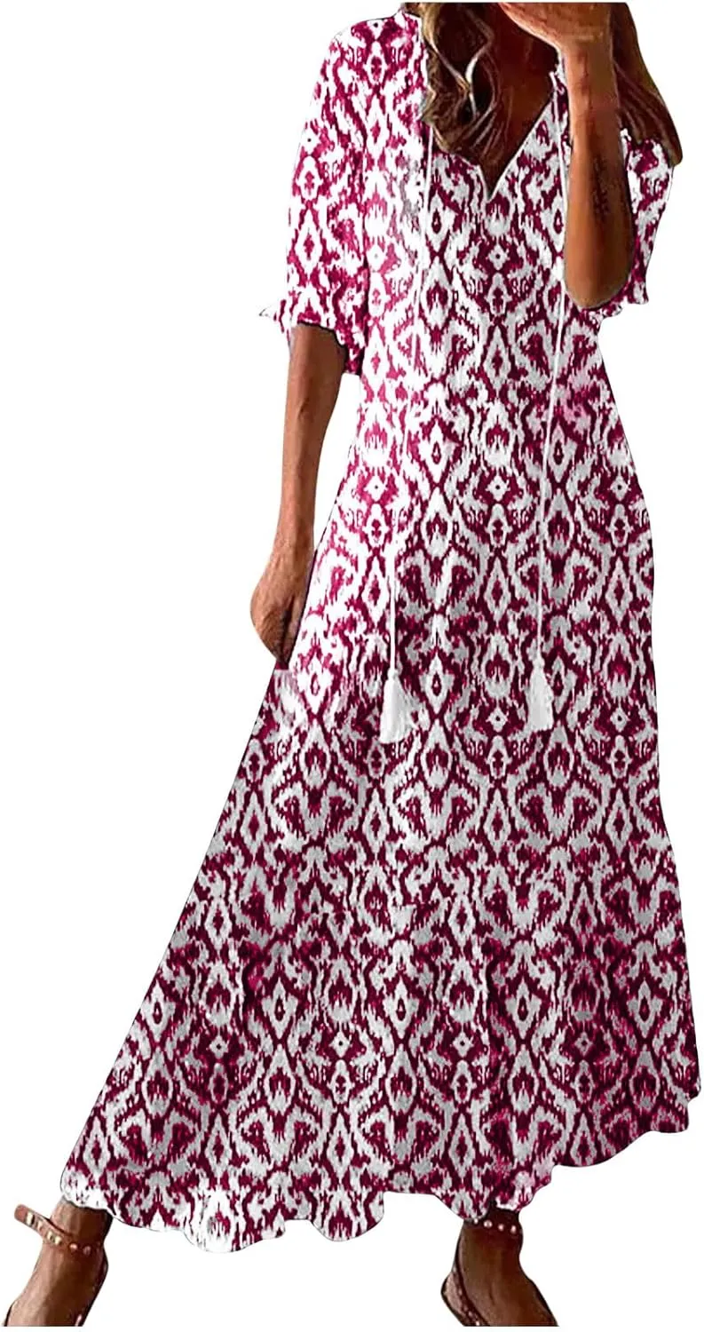 Summer Maxi Dresses for Women 2025 Vacation 3/4 Sleeve Boho Floral Long Dresses V Neck Casual Comfy Loose Dress