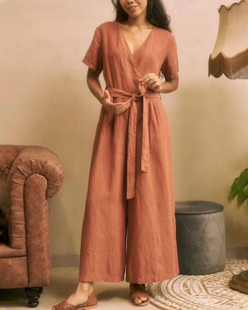 Summer new loose V-neck short-sleeved jumpsuit