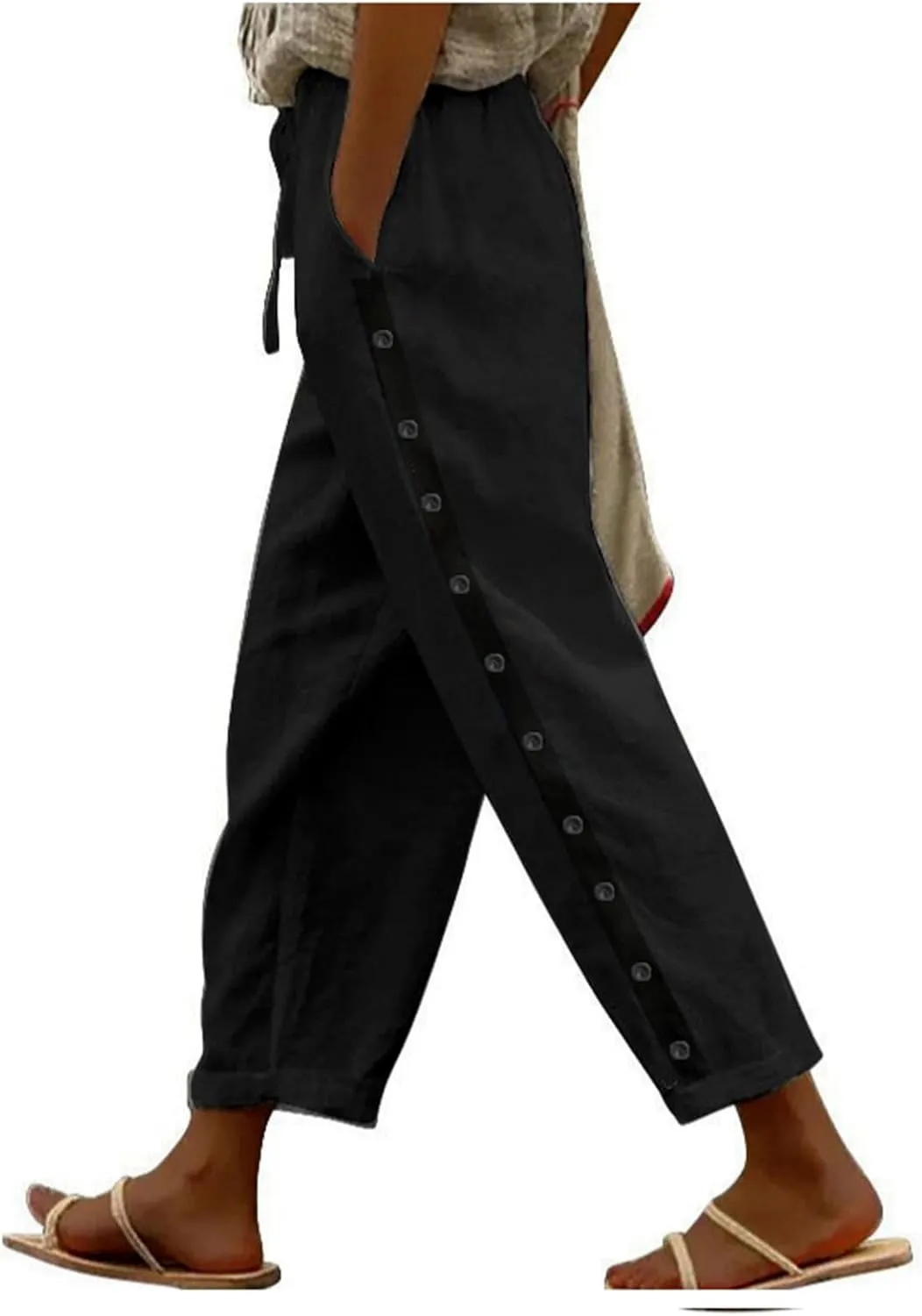 Summer Pants for Women 2025 Trendy Summer Vacation Side Button Elastic Waist Baggy Straight Leg Trousers with Pockets