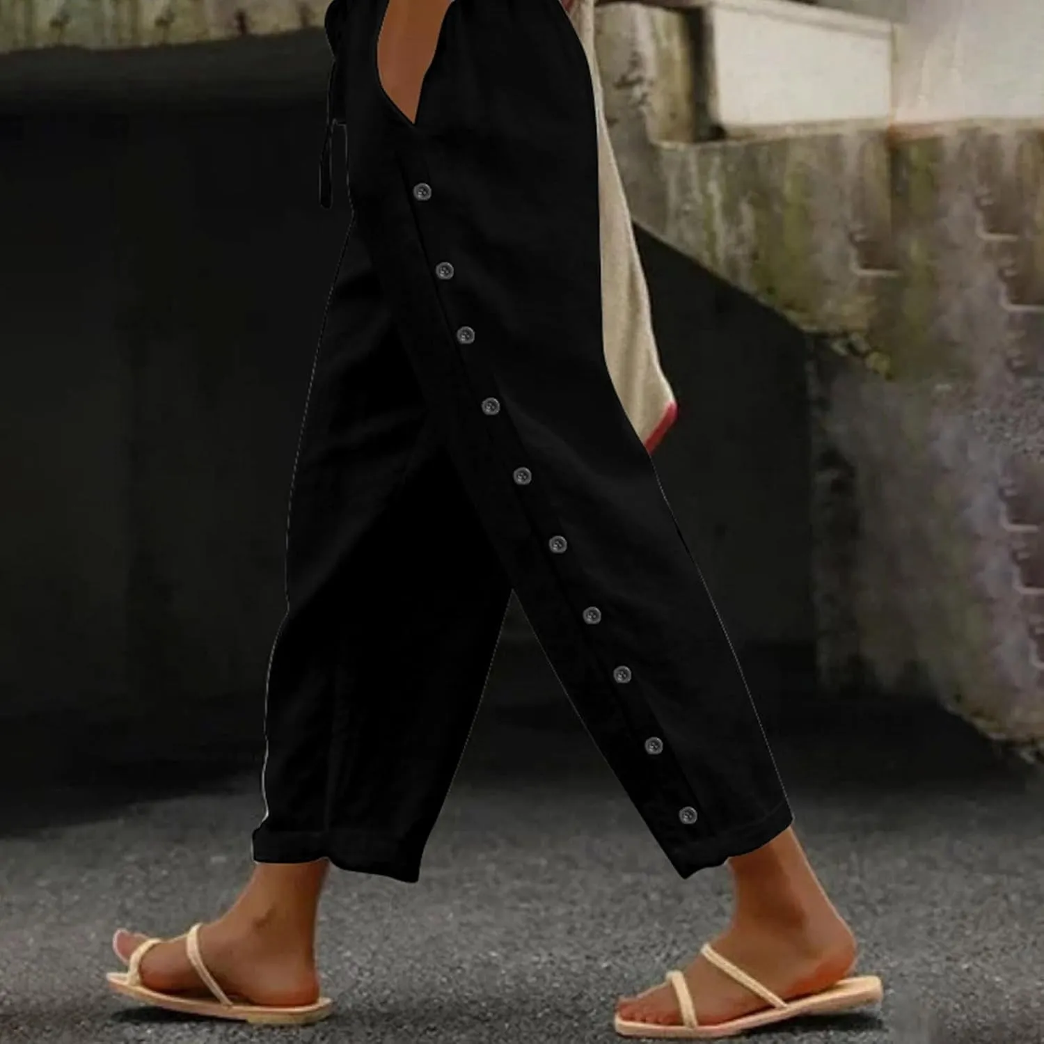 Summer Pants for Women 2025 Trendy Summer Vacation Side Button Elastic Waist Baggy Straight Leg Trousers with Pockets