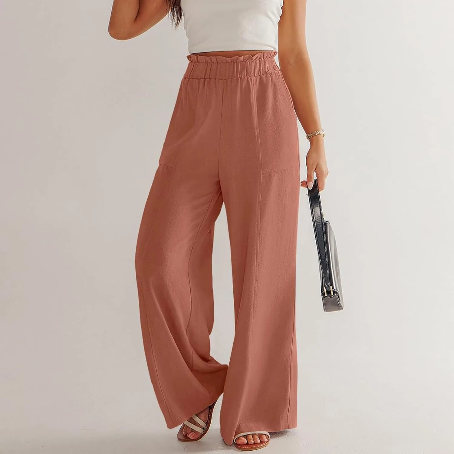 Summer Pants for Women 2025 Vacation Elastic High Waisted Paper Bag Linen Pants Trendy Travel Vacation Trouser with Pockets