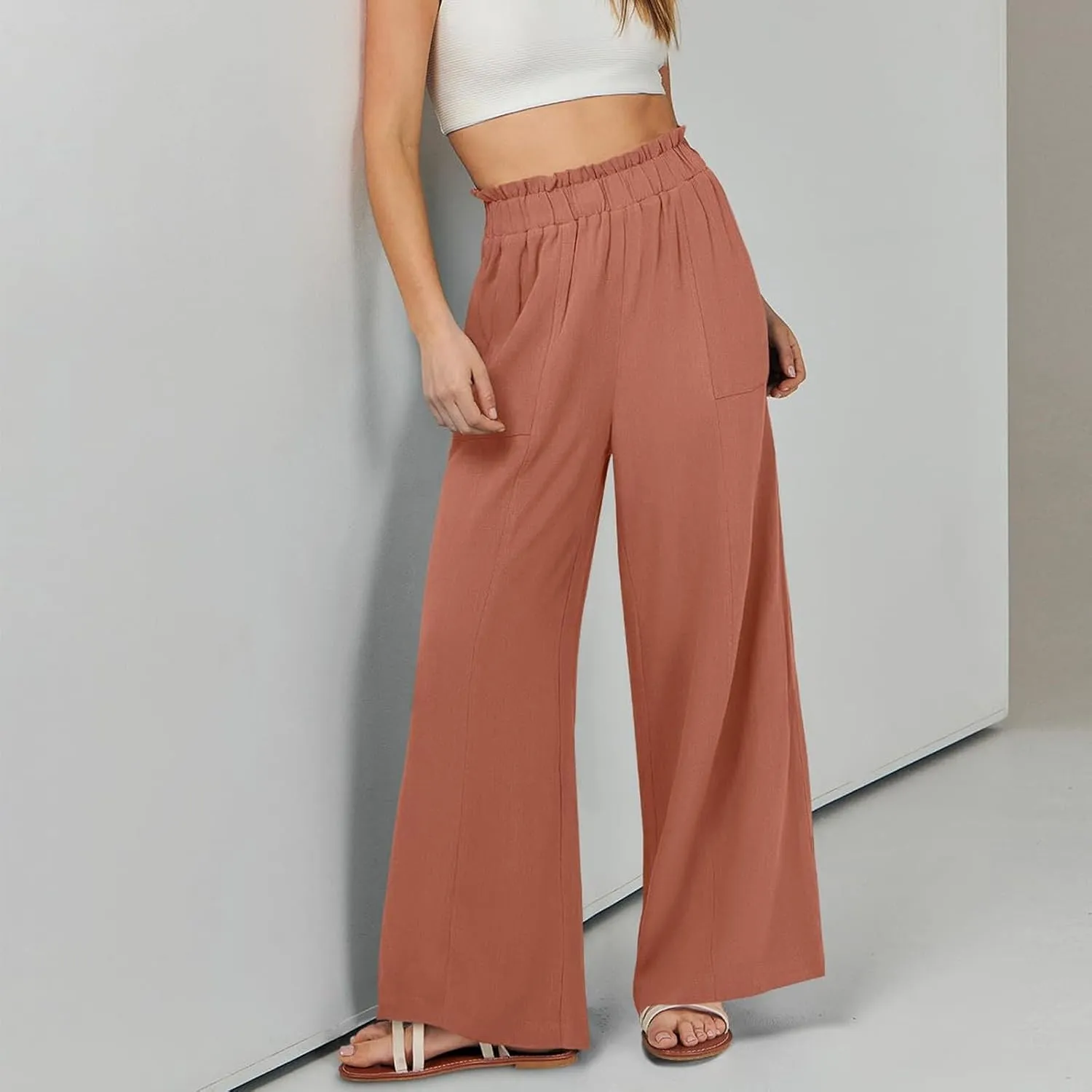 Summer Pants for Women 2025 Vacation Elastic High Waisted Paper Bag Linen Pants Trendy Travel Vacation Trouser with Pockets