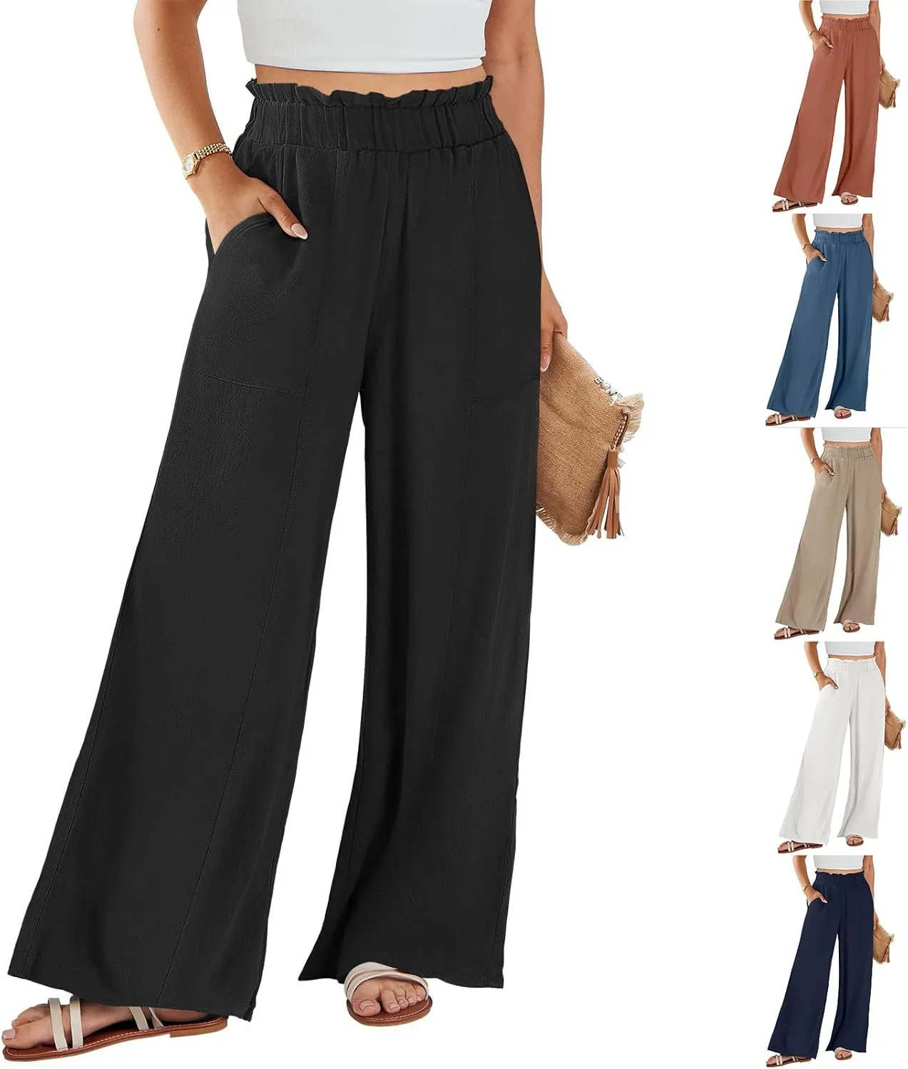 Summer Pants for Women 2025 Vacation Elastic High Waisted Paper Bag Linen Pants Trendy Travel Vacation Trouser with Pockets