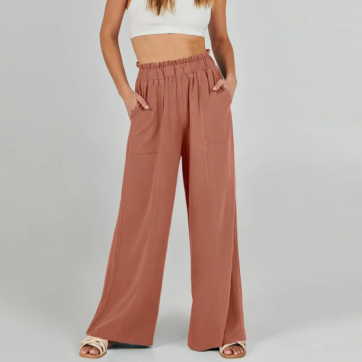 Summer Pants for Women 2025 Vacation Elastic High Waisted Paper Bag Linen Pants Trendy Travel Vacation Trouser with Pockets