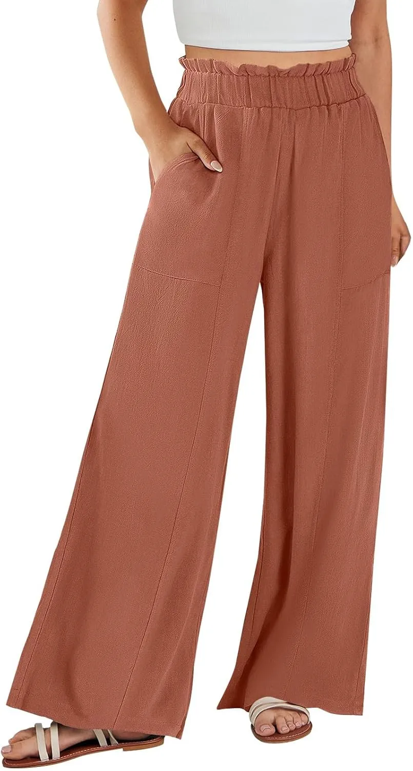 Summer Pants for Women 2025 Vacation Elastic High Waisted Paper Bag Linen Pants Trendy Travel Vacation Trouser with Pockets
