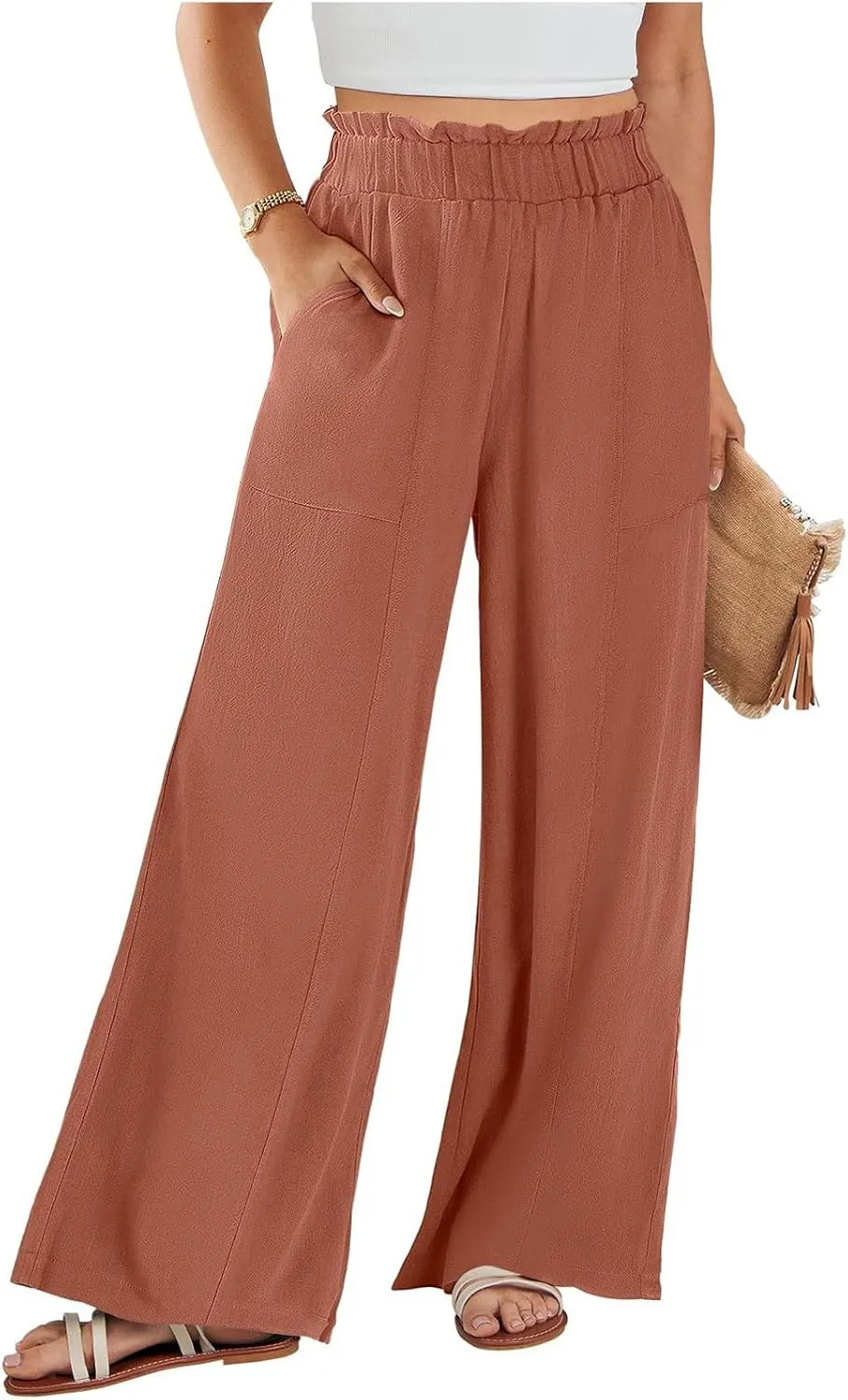 Summer Pants for Women 2025 Vacation Elastic High Waisted Paper Bag Linen Pants Trendy Travel Vacation Trouser with Pockets