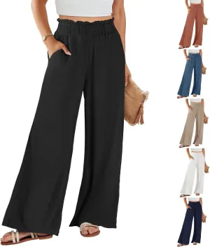Summer Pants for Women 2025 Vacation Elastic High Waisted Paper Bag Linen Pants Trendy Travel Vacation Trouser with Pockets