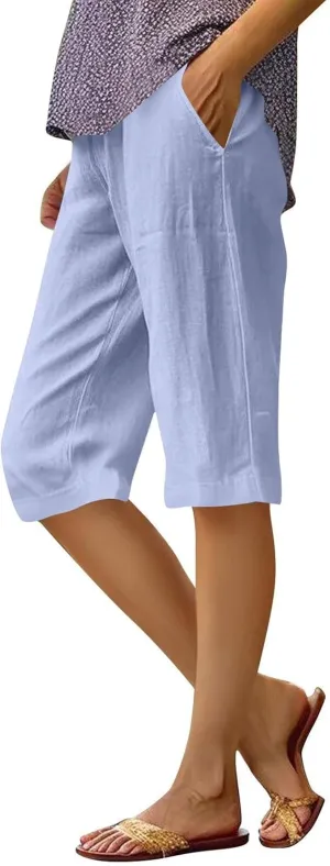 Summer Shorts for Women Elastic High Waisted Linen Pedal Pushers with Pockets Business Casual Cropped Work Pants