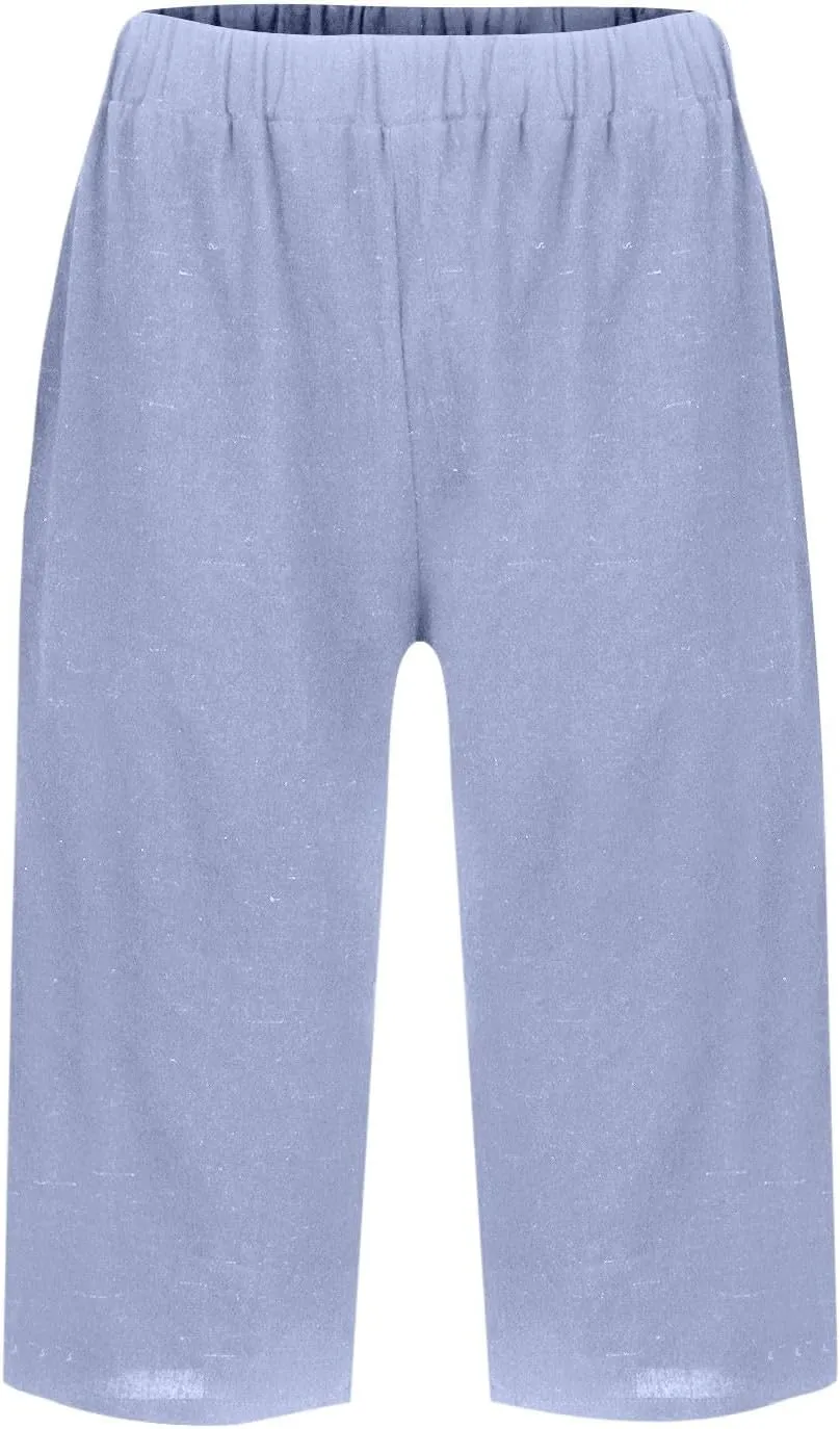 Summer Shorts for Women Elastic High Waisted Linen Pedal Pushers with Pockets Business Casual Cropped Work Pants
